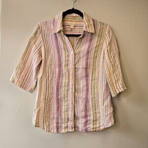 Coldwater Creek Beachy Coastal Grandma Striped Linen Blend Button-Up Shirt - M (